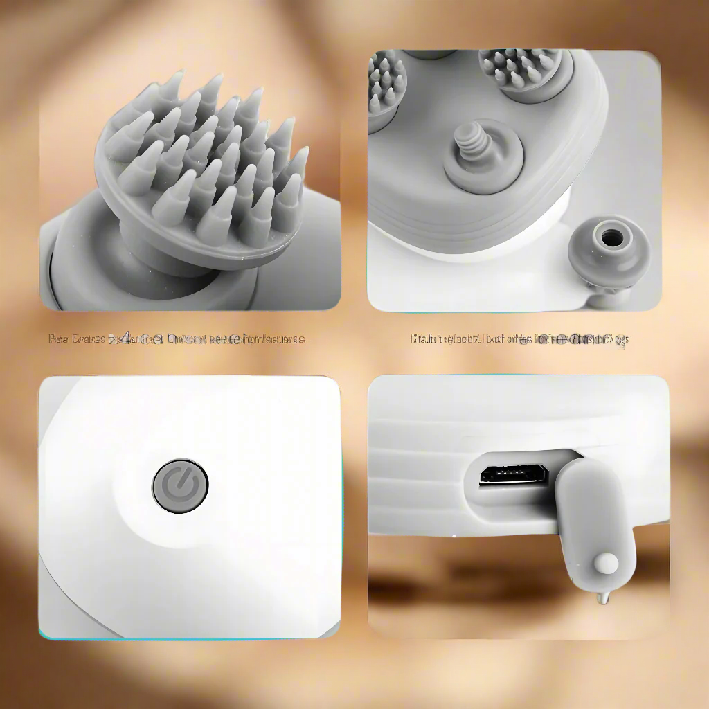 Product features including comb teeth, removable cleaning, one-click control, and USB charging.